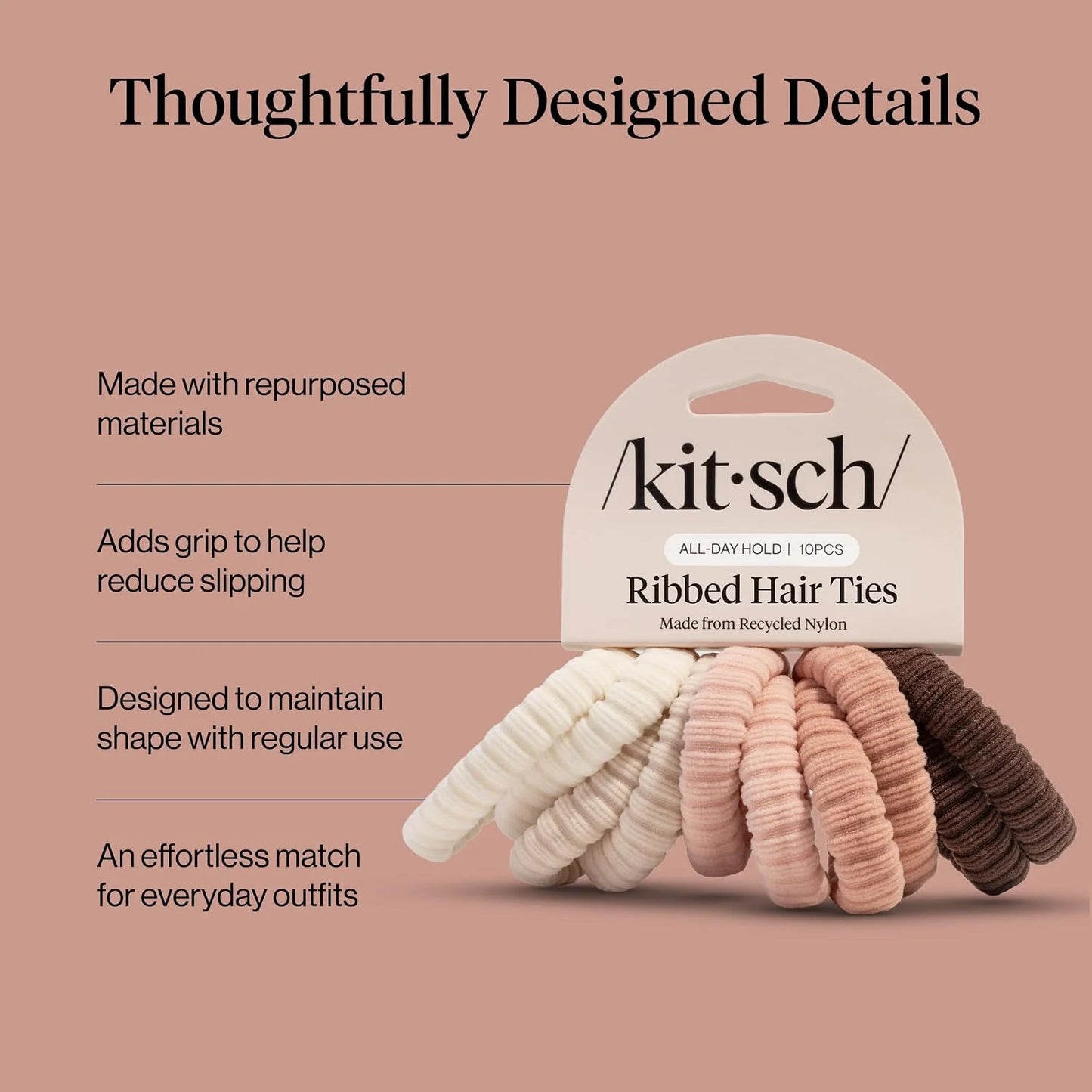 Kitsch Ribbed Hair Ties No Damage - Blush, 10pcs