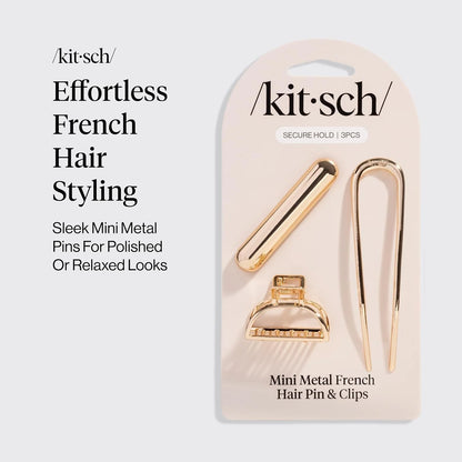 Kitsch Mini Metal French Hair Pin & Hair Clips for Women - Silver, Set of 3