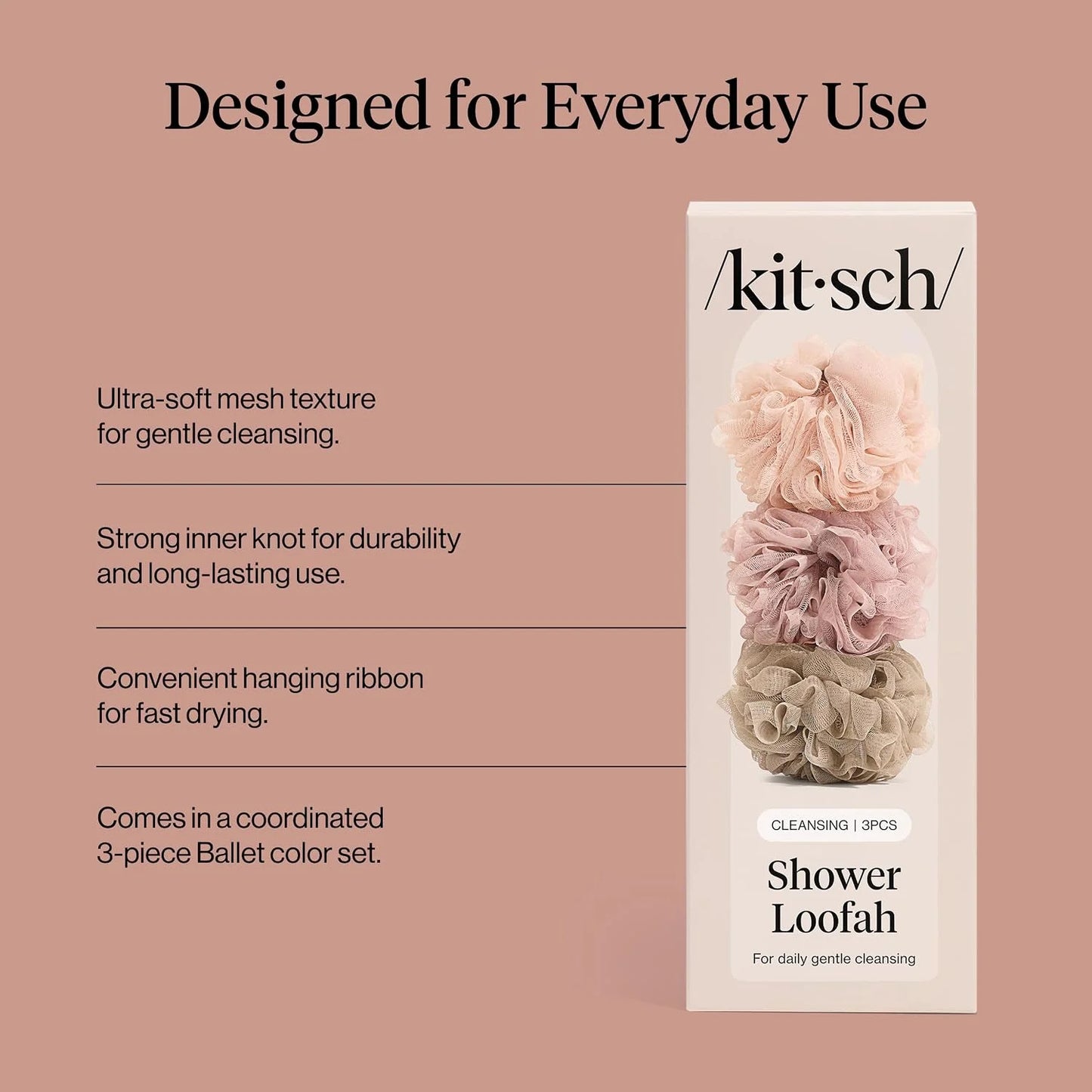 Kitsch Shower Loofah – Soft Mesh Body Scrubber & Bath Sponge - 3pc Set