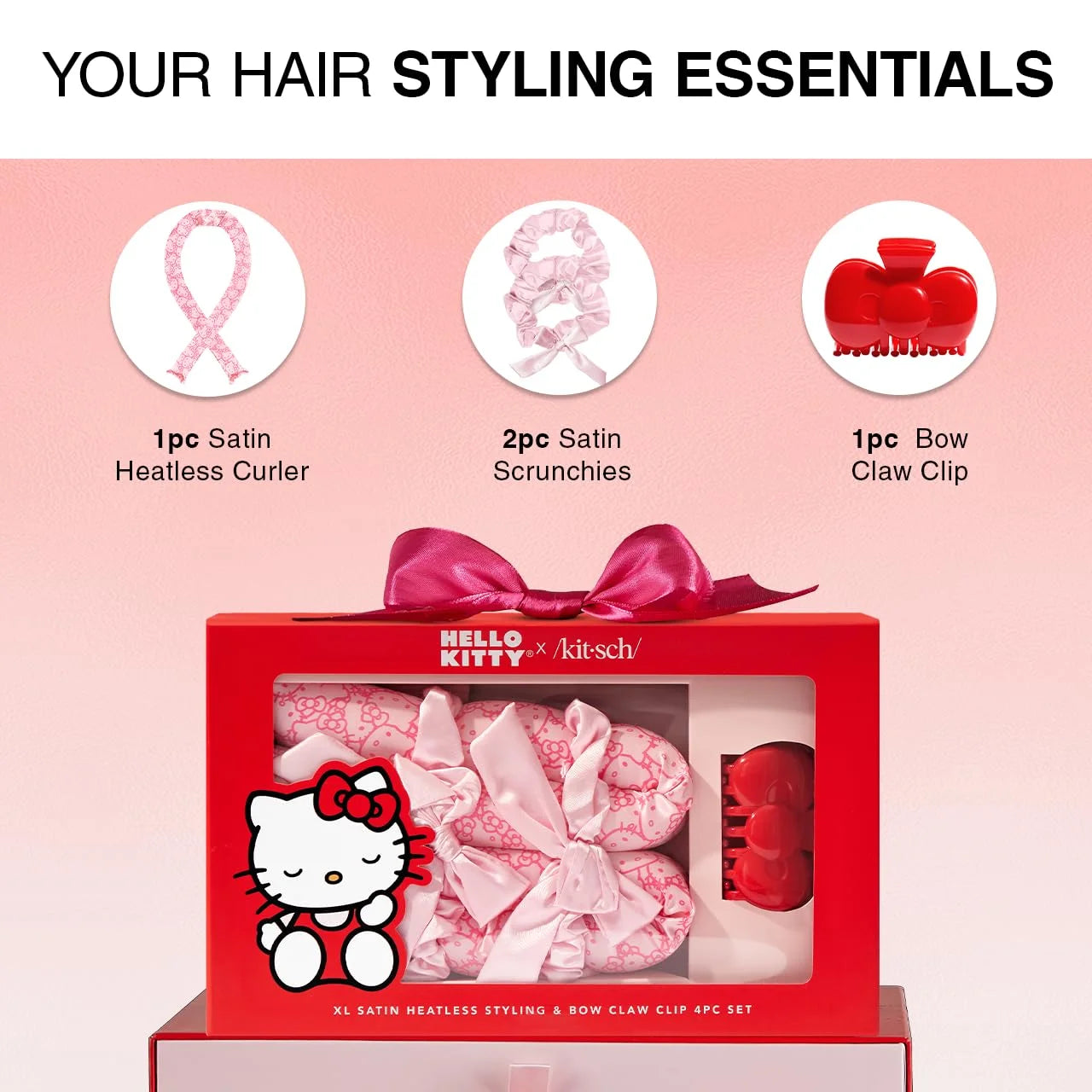 Hello Kitty x Kitsch Satin Flexi Rods, Heatless Curling Rod - 4pc Set