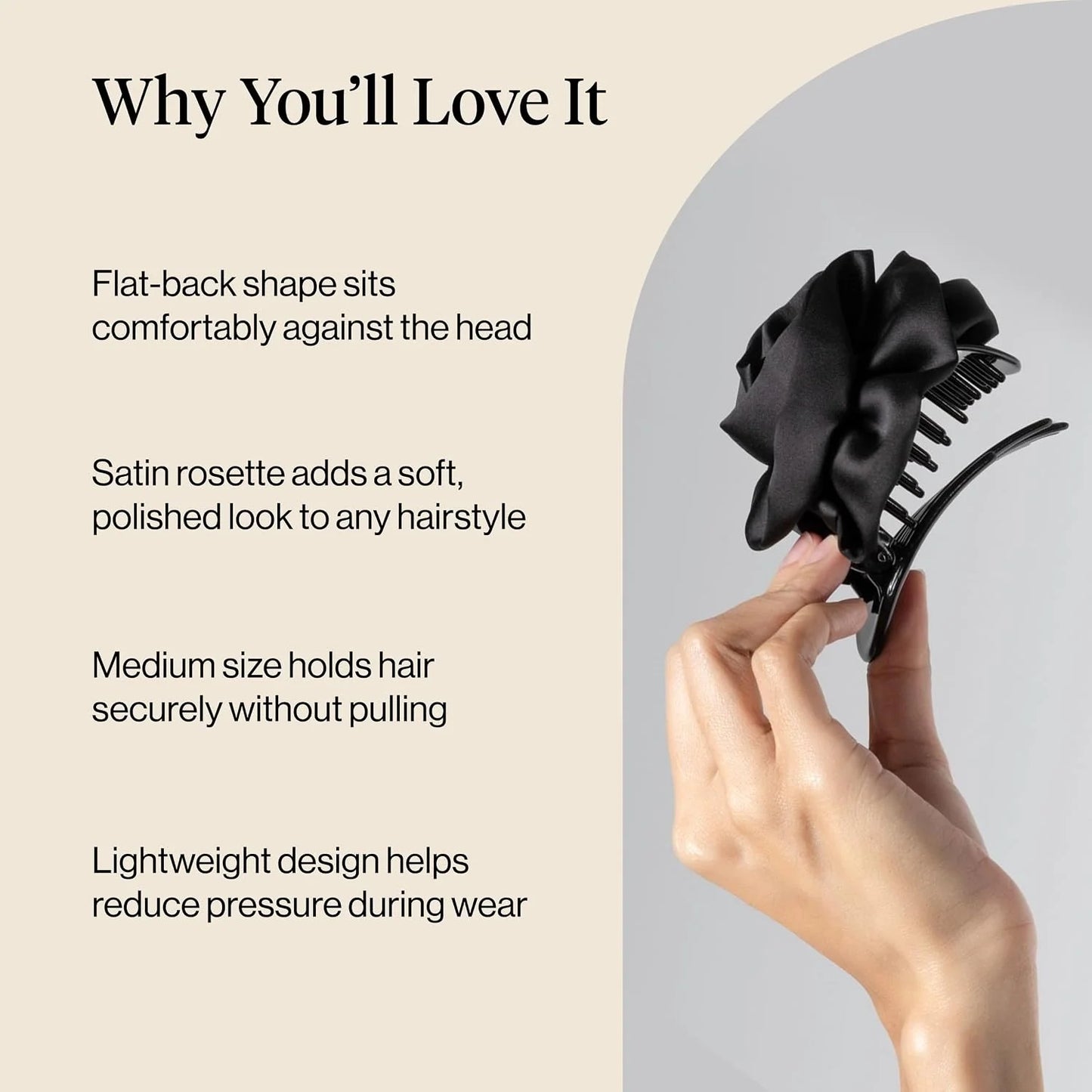 Kitsch Medium Satin Rosette Flat Claw Clip for Women - Black, 1pc
