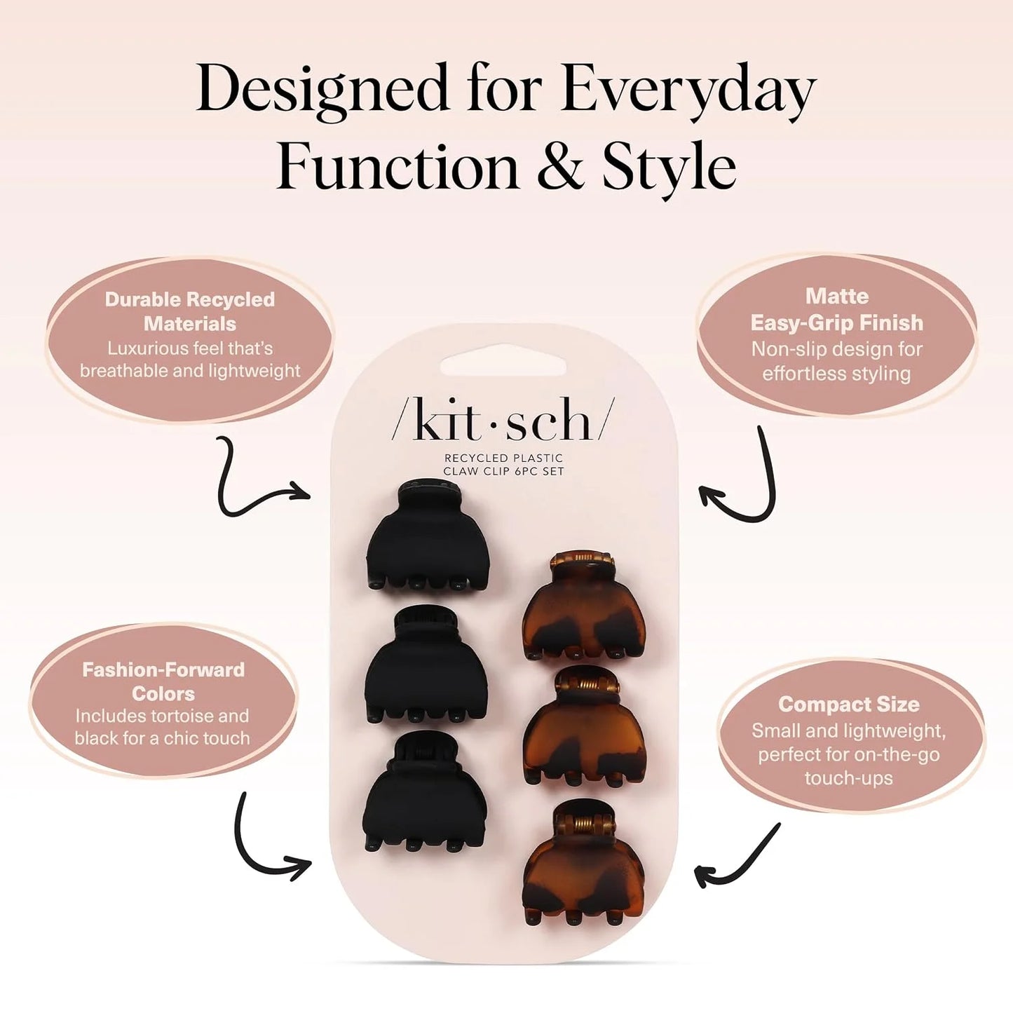 Kitsch Mini Claw Clips for Women - Tortoise & Black, 6pcs