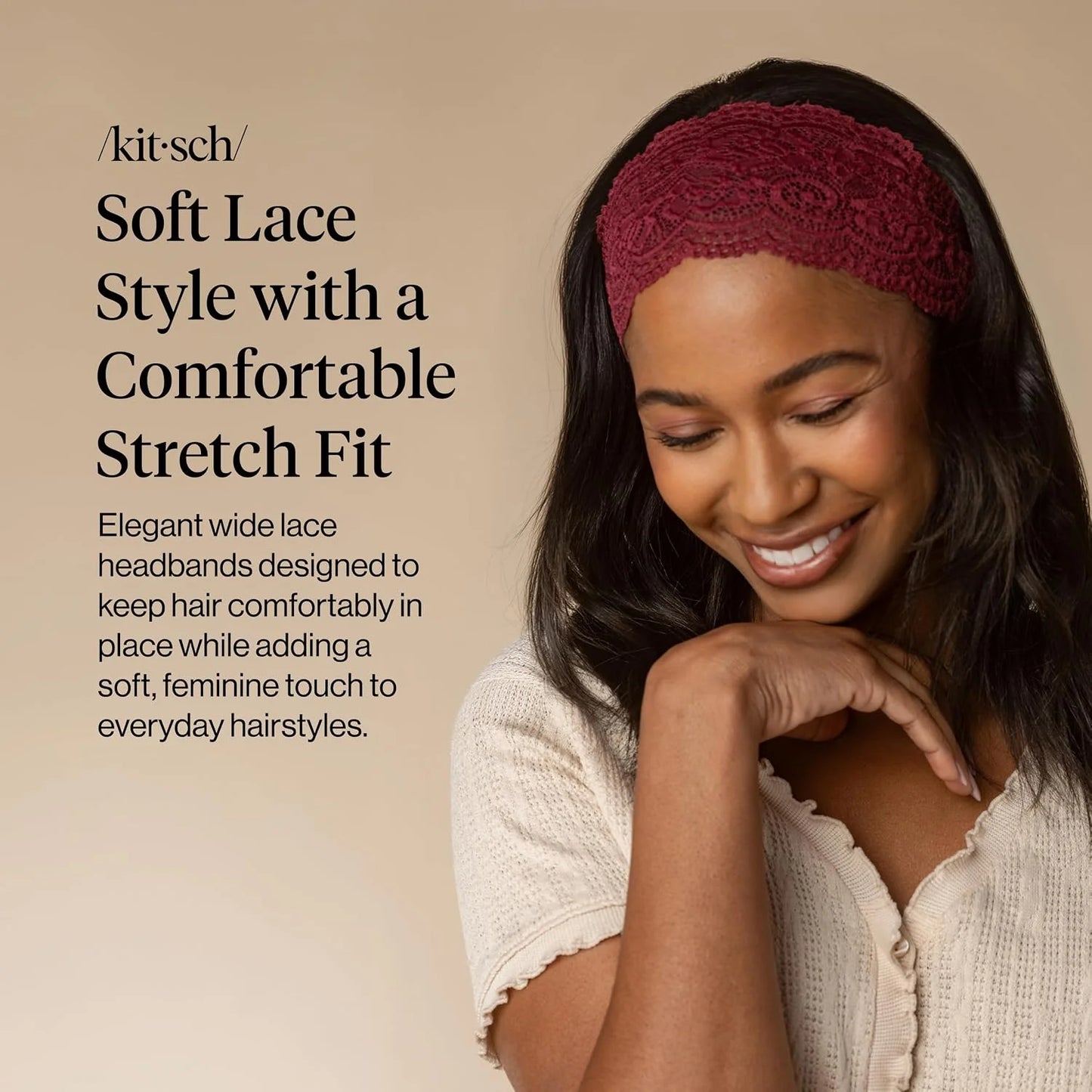 Kitsch Lace Wide Headbands for Women Non Slip - Cherry Lacquer & Dusty Pink