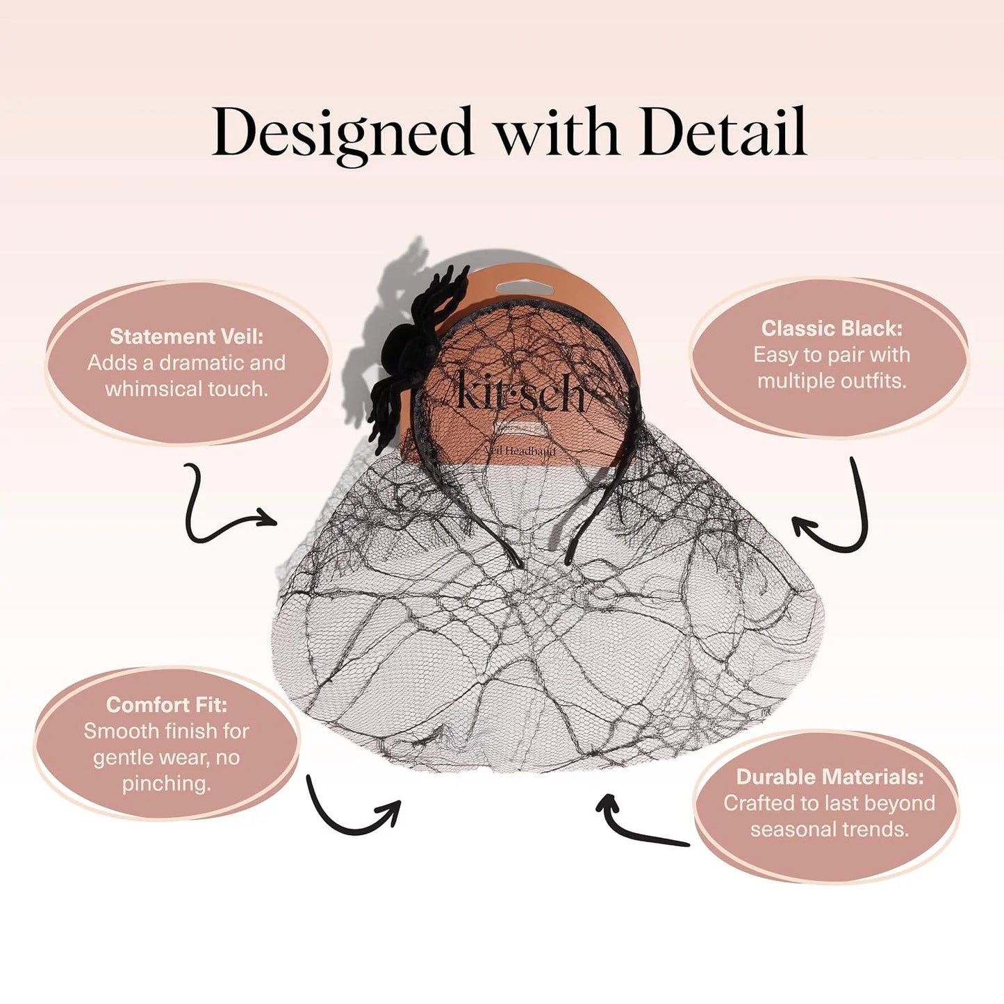 Kitsch Veil Headband - Black Headband with Statement Spiderweb Veil, 1pc