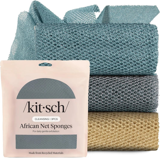 Kitsch African Net Sponge – Exfoliating Body Scrubber – Aqua Grey, 3 Pcs