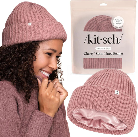 Kitsch Glazey™ Satin Lined Beanie for Men and Women – Cozy Winter & Anti Frizz Beanies for Men, Stylish Hat for All Hair Type