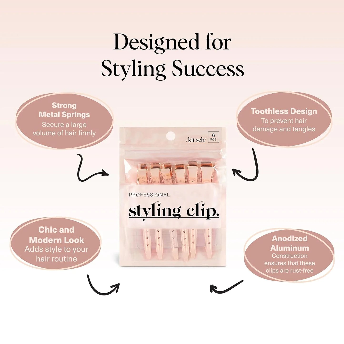 Kitsch Professional Alligator Clips - Rose Gold, 6 Pcs
