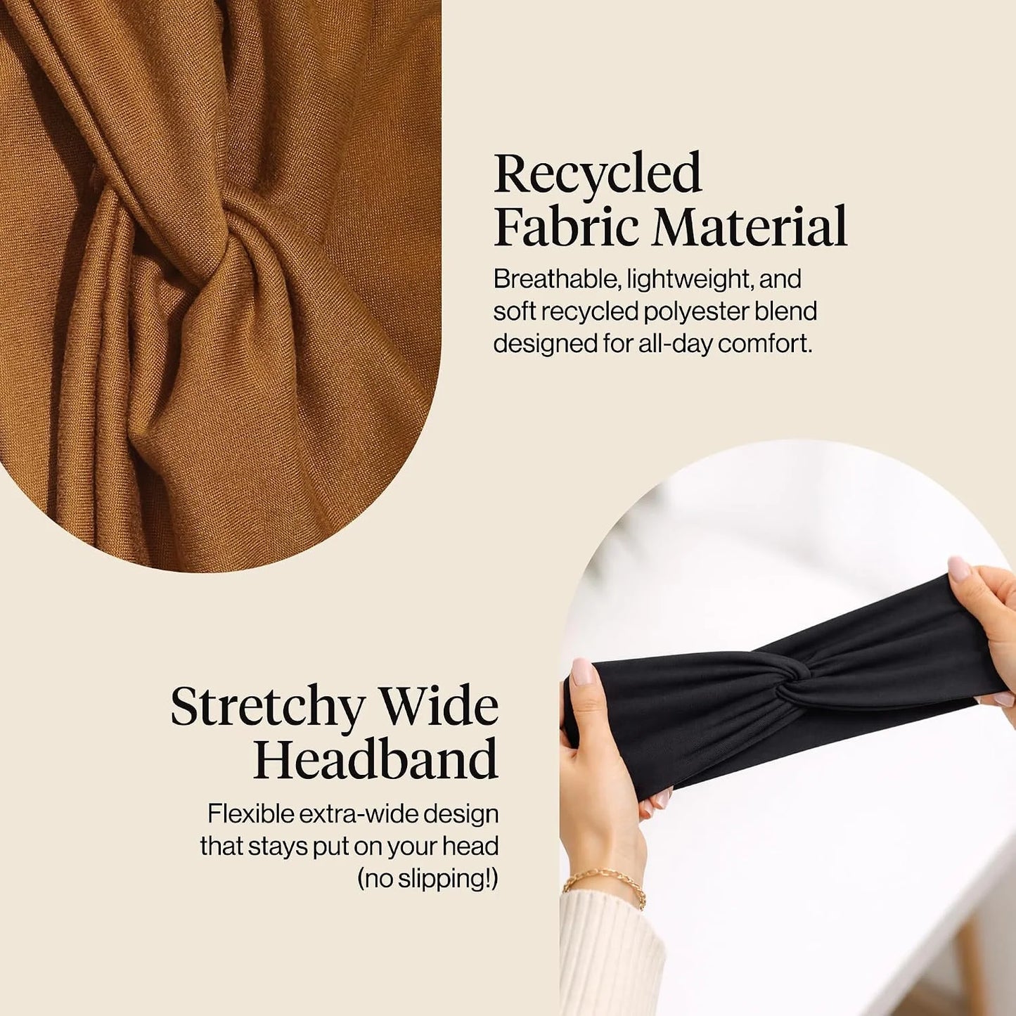 Kitsch Wide Headbands for Women Non Slip - Black and Camel, 2pcs