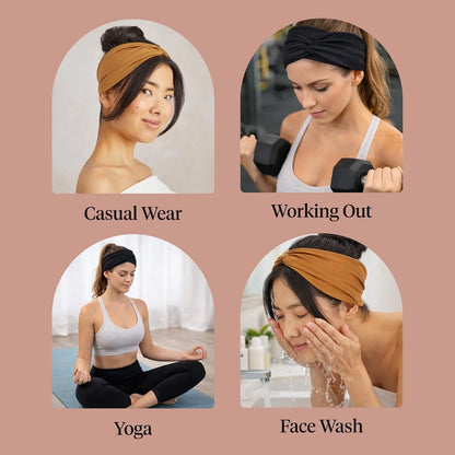 Kitsch Wide Headbands for Women Non Slip - Black and Camel, 2pcs