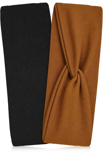 Kitsch Wide Headbands for Women Non Slip - Black and Camel, 2pcs
