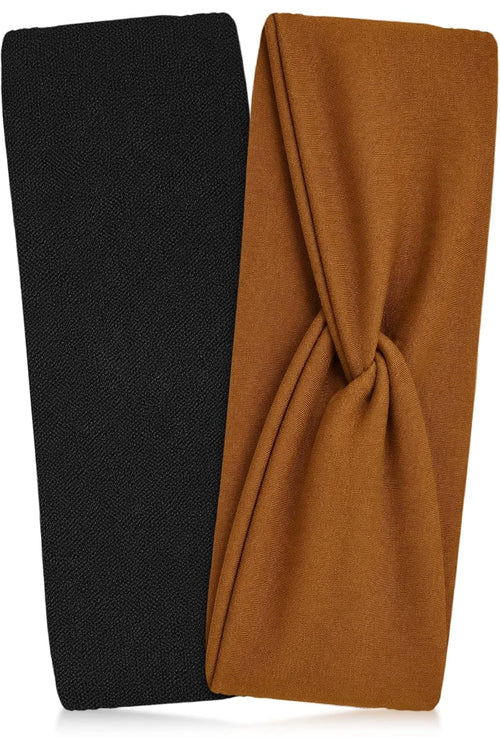 Kitsch Wide Headbands for Women Non Slip - Black and Camel, 2pcs