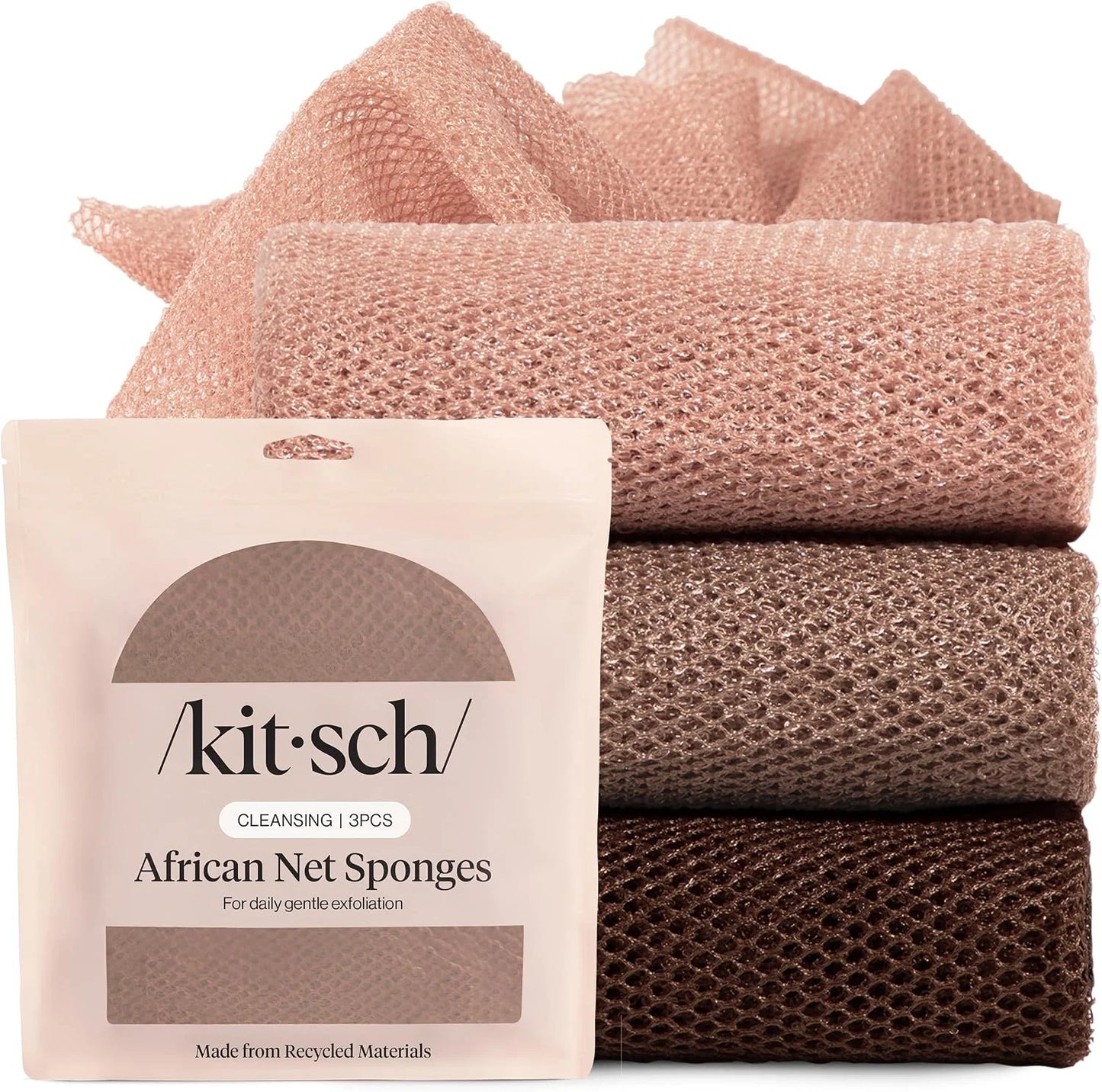 Kitsch African Net Sponge – Exfoliating Body Scrubber – Aqua Grey, 3 Pcs