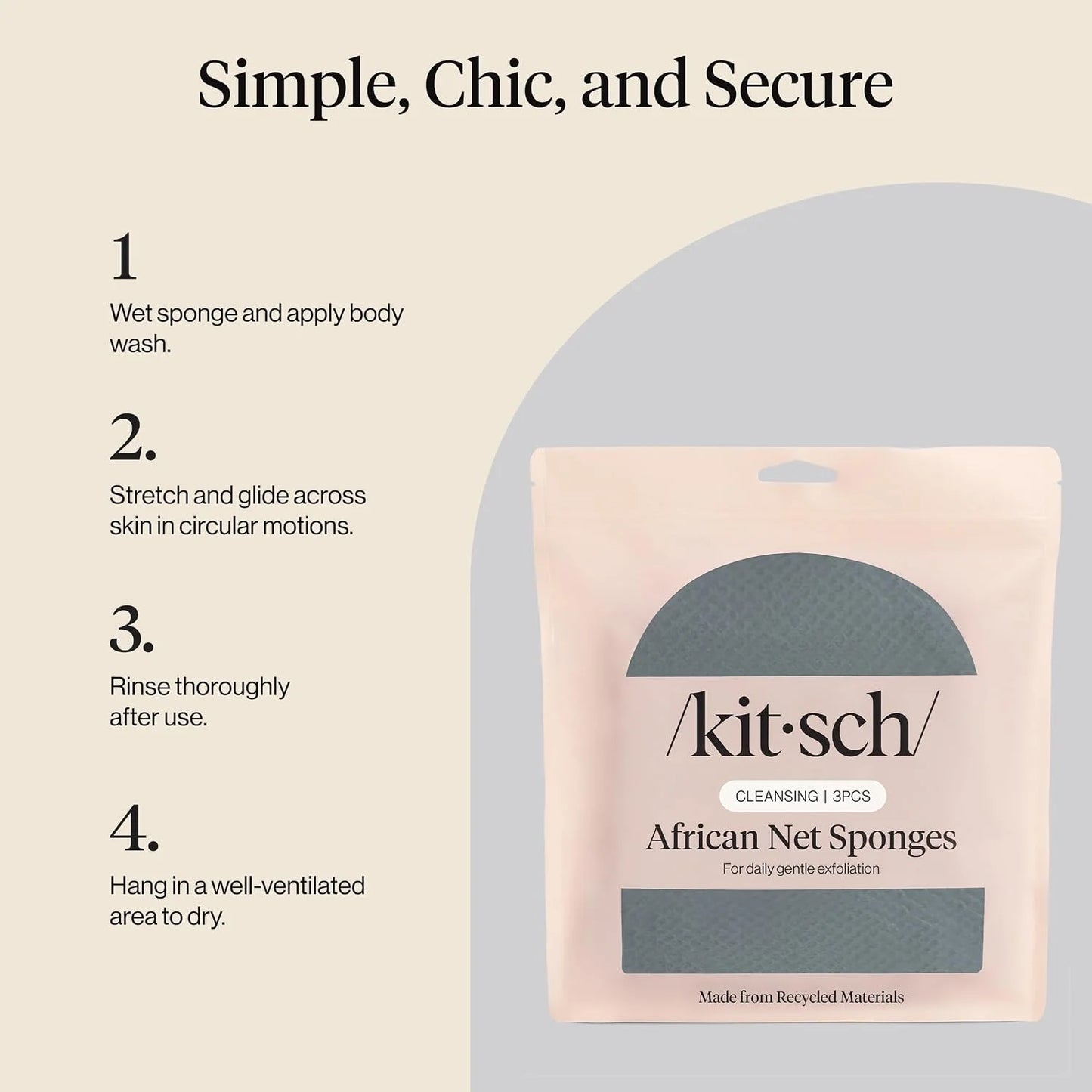 Kitsch African Net Sponge – Exfoliating Body Scrubber – Aqua Grey, 3 Pcs