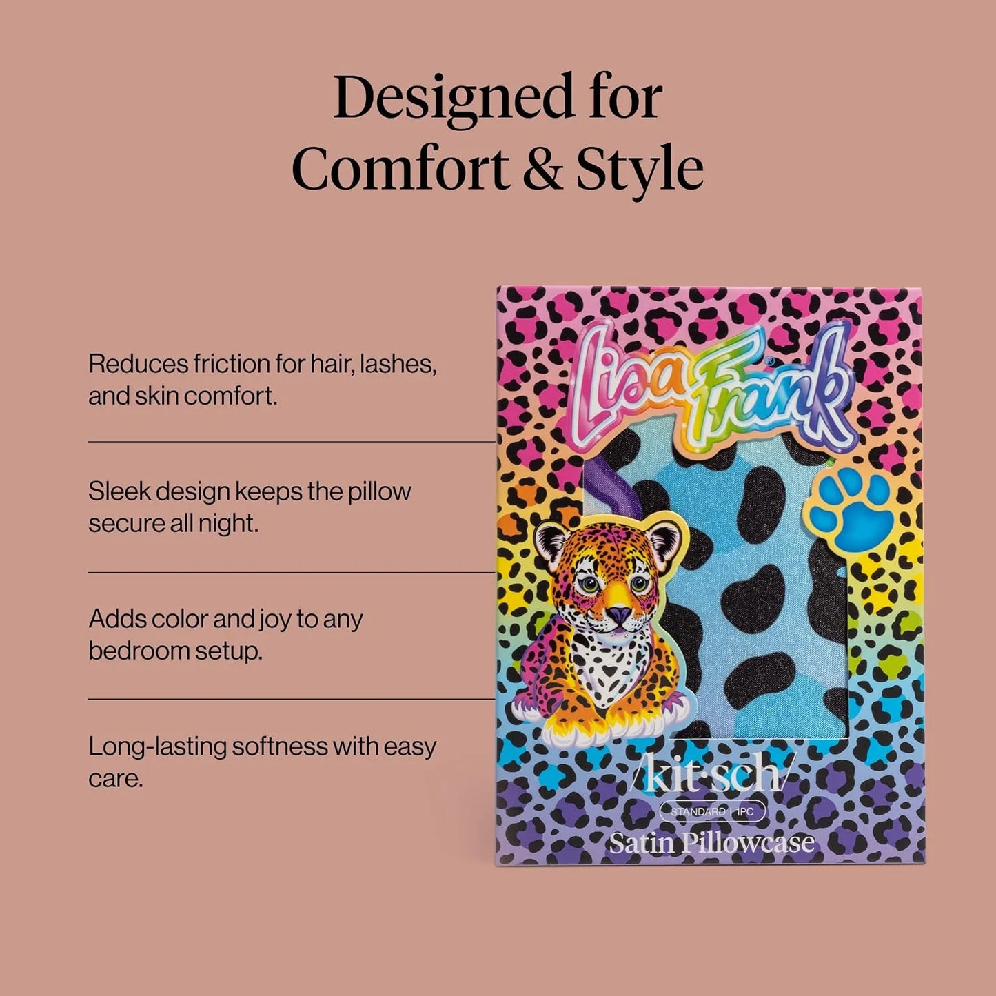Lisa Frank x Kitsch Satin Pillowcase, Size 19x36 - Rainbow Leopard