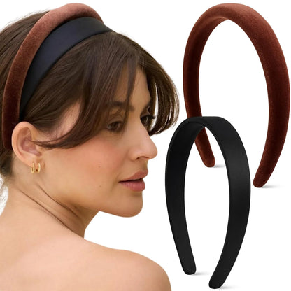 Kitsch Velvet & Satin Headbands for Women - Cream & Camel, 2pc Set