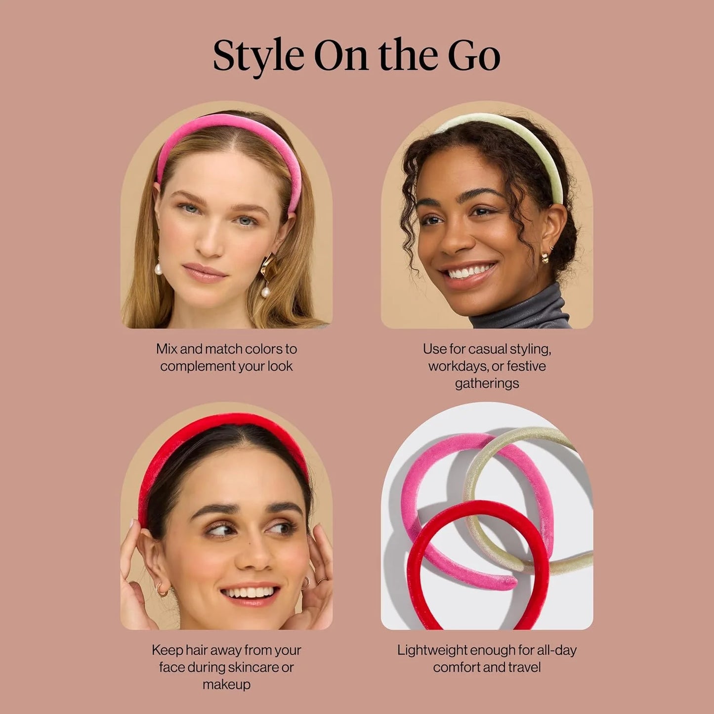 Kitsch Velvet & Satin Headbands for Women - Cream & Camel, 2pc Set