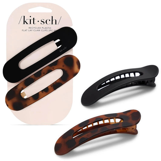 Kitsch Flat Hair Clips for Women - Black & Tortoise, 2pc