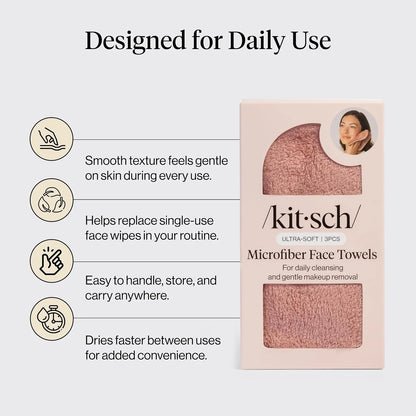 Kitsch Microfiber Face Towels 3pc Set | Clean Towels for Face - Black