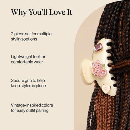 KitschPop ™ Hair Clips For Women with Charm Sets -Vintage Black, 7pcs Set
