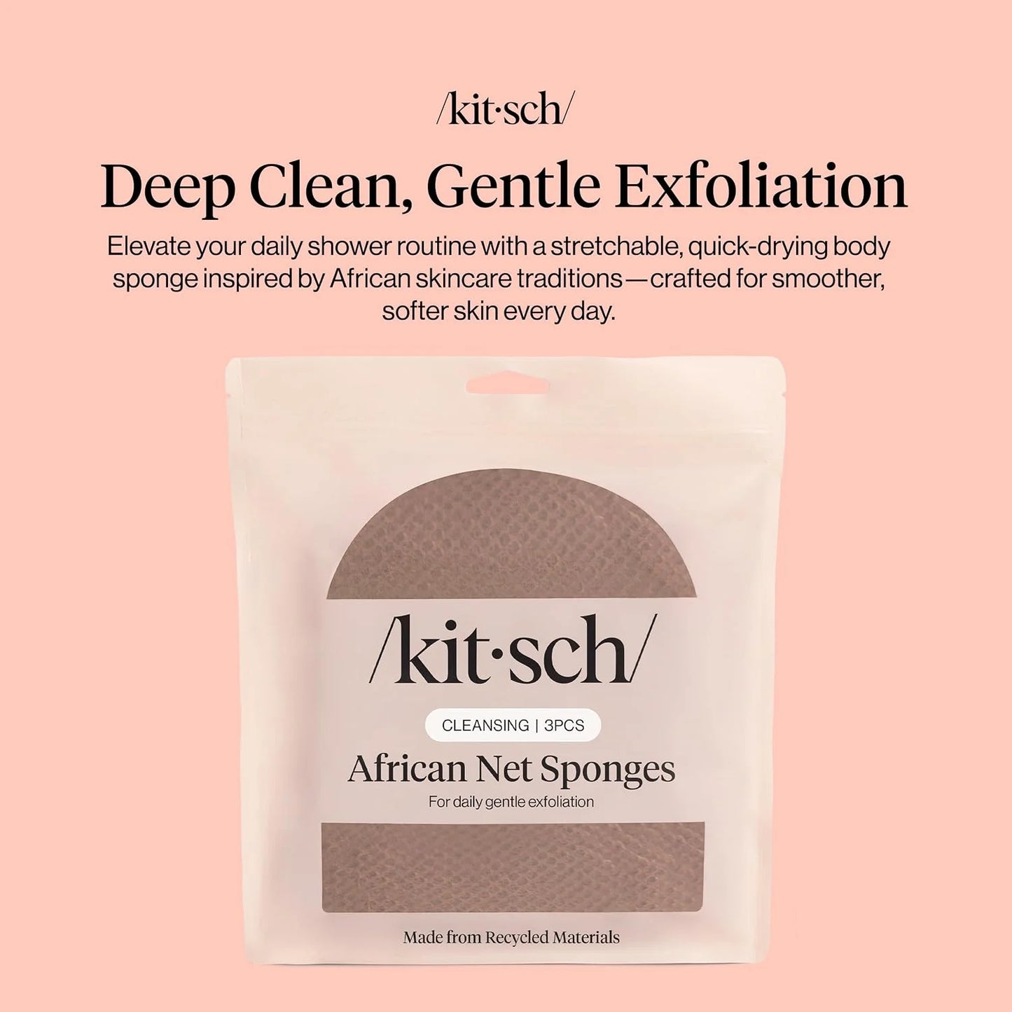 Kitsch African Net Sponge – Exfoliating Body Scrubber – Aqua Grey, 3 Pcs