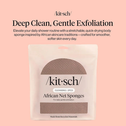 Kitsch African Net Sponge – Exfoliating Body Scrubber – Aqua Grey, 3 Pcs