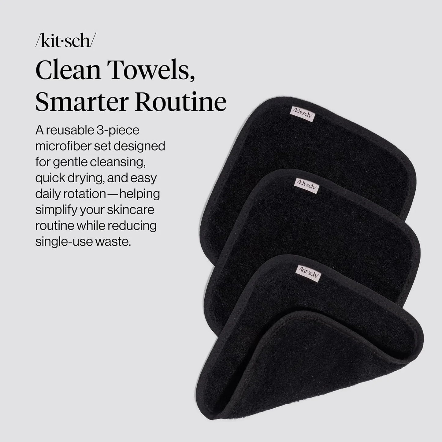Kitsch Microfiber Face Towels 3pc Set | Clean Towels for Face - Black