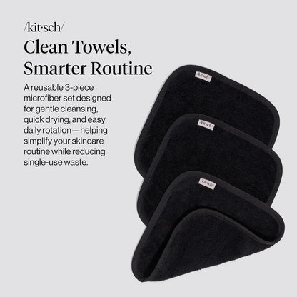 Kitsch Microfiber Face Towels 3pc Set | Clean Towels for Face - Black