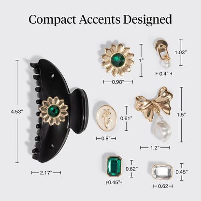 KitschPop ™ Hair Clips For Women with Charm Sets -Vintage Black, 7pcs Set