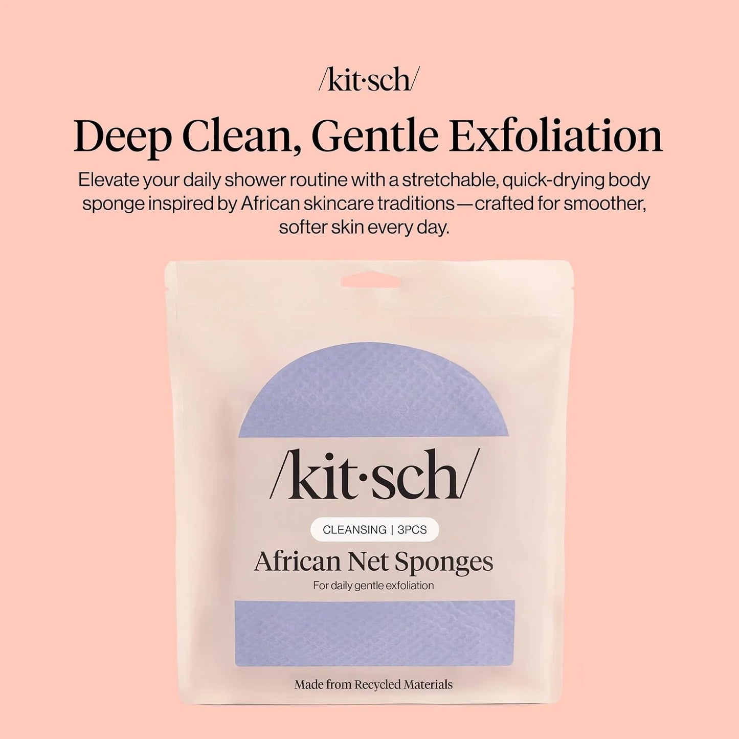 Kitsch African Net Sponge – Exfoliating Body Scrubber – Aqua Grey, 3 Pcs