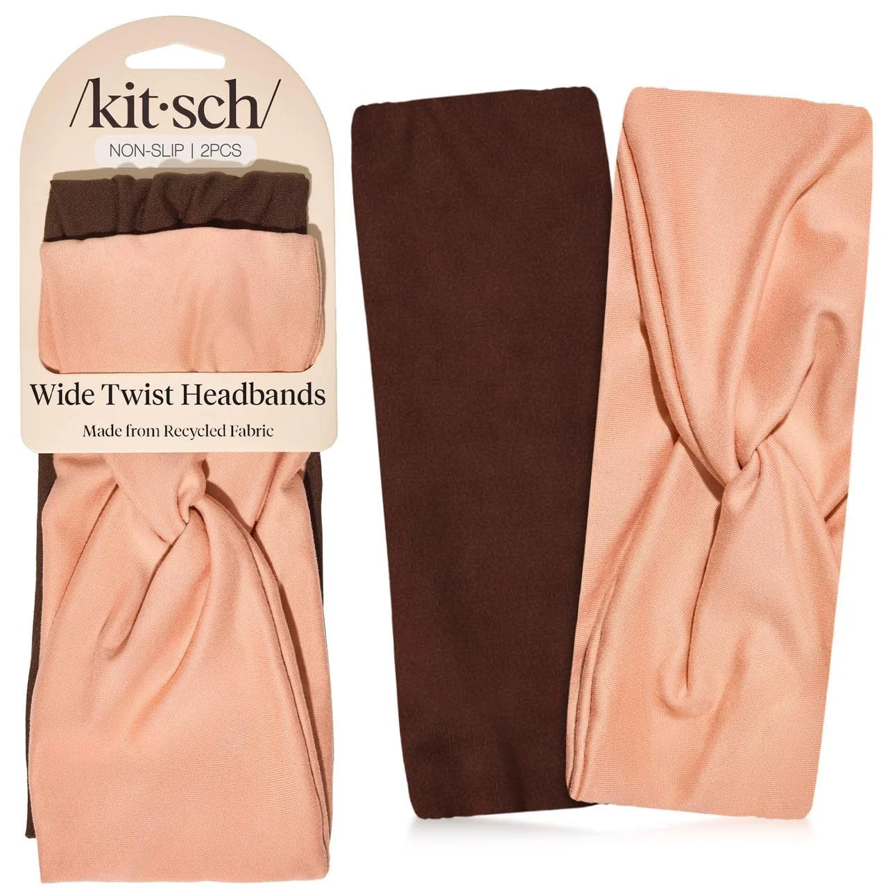 Kitsch Wide Headbands for Women Non Slip - Black and Camel, 2pcs