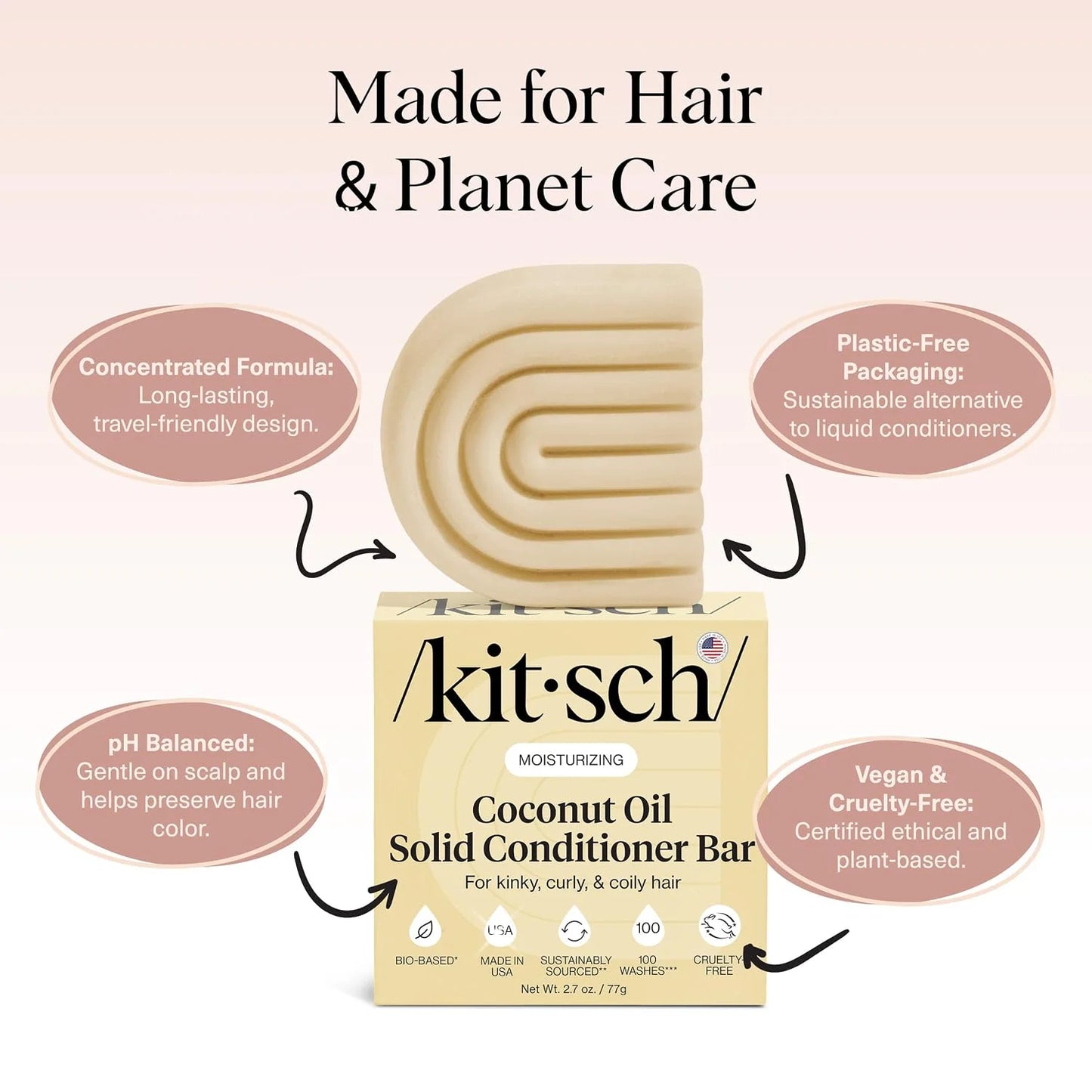 Kitsch Coconut Oil Conditioner Bar Soap for Hair Care - Made in USA, 3 oz