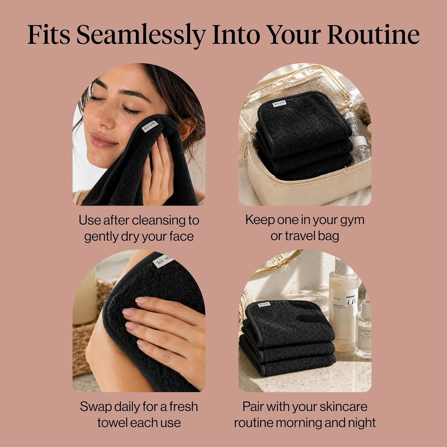 Kitsch Microfiber Face Towels 3pc Set | Clean Towels for Face - Black