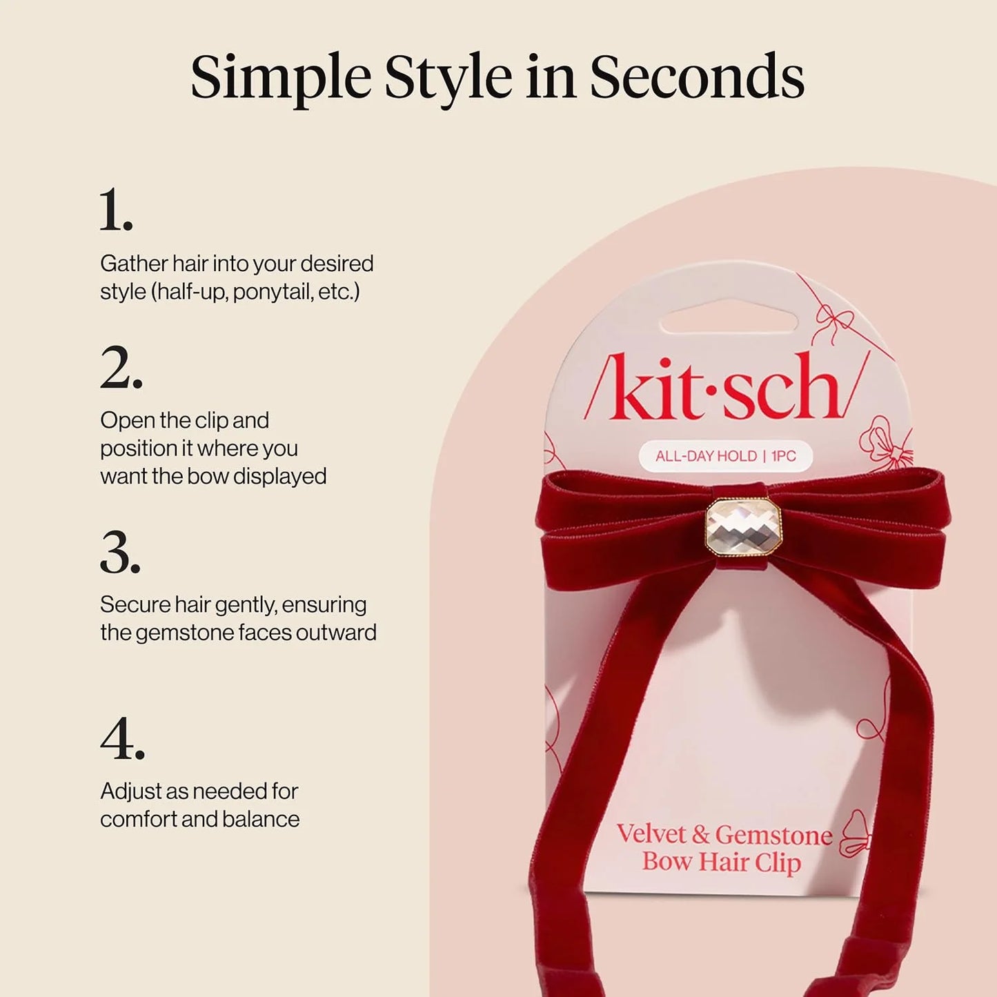 Kitsch Velvet Bow Hair Clip with Gemstone – Cute Hair Accessories, 1pc