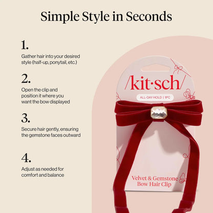 Kitsch Velvet Bow Hair Clip with Gemstone – Cute Hair Accessories, 1pc